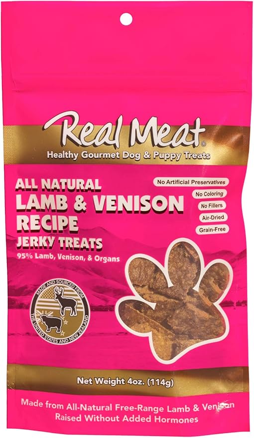 Real Meat Dog Treats - 4oz Bag of Bite-Sized Air-Dried Lamb & Venison Jerky for Dogs - Grain-Free Jerky Dog Treats with 95% Human-Grade, Free-Range, Grass Fed Lamb & Venison - All-Natural Dog Treats