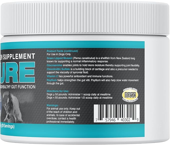 Annamaet Endure – Hip & Joint Powder Supplement for Dogs – with Glucosamine, Chondroitin and Green Lipped Mussel for Joint Support and Psyllium for Gut Health - 200 g