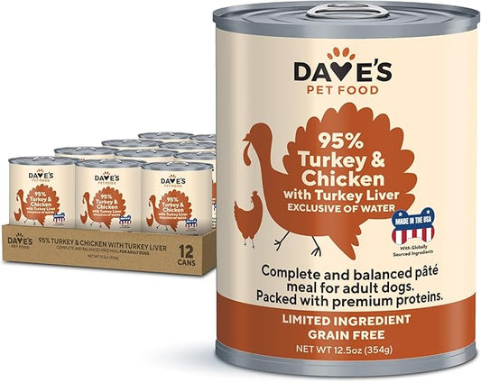 Dave's Pet Food Limited Ingredient Dog Food (95% Turkey & Chicken), Made in USA Grain Free Dog Food, Wet Canned Dog Food 12 pack for Large & Small Breeds, 12.5 oz Cans (Case of 12)