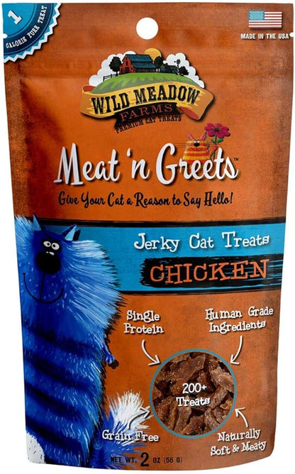 Wild Meadow Farms - Cat Treats - Meat 'N Greets - Soft Jerky Treats with Real Meat, High Protein, Grain-Free, Perfect for Training & Rewarding, All Natural Snacks for Cats - Chicken Flavor