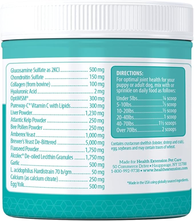 Health Extension Chondroitin with Glucosamine for Dog, Arthritis Pain Relief Vitamin, Joint & Hip Supplement Cheese Flavored Powder, Suitable for All Types of Puppies & Dogs, (8 Oz / 226 g)
