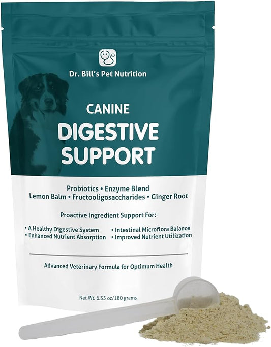Dr. Bill’s Canine Digestive Support | Probiotics & Prebiotics for Dogs | Gut Health Pet Supplements | Contains Ginger Root, Psyllium Husk, Lemon Balm and Bifidobacterium