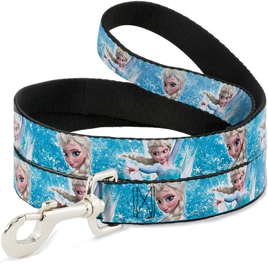 Buckle-Down Pet Leash - Frozen Elsa Face/Action Pose/Snowflakes Blues/White - 4 Feet Long - 1" Wide
