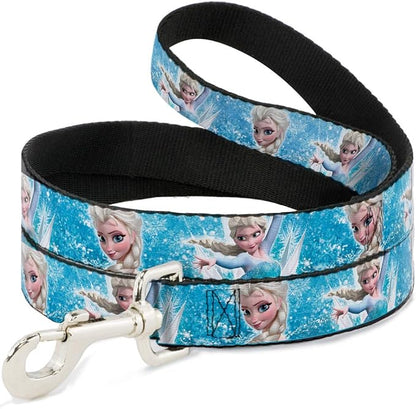Buckle-Down Pet Leash - Frozen Elsa Face/Action Pose/Snowflakes Blues/White - 6 Feet Long - 1.5" Wide