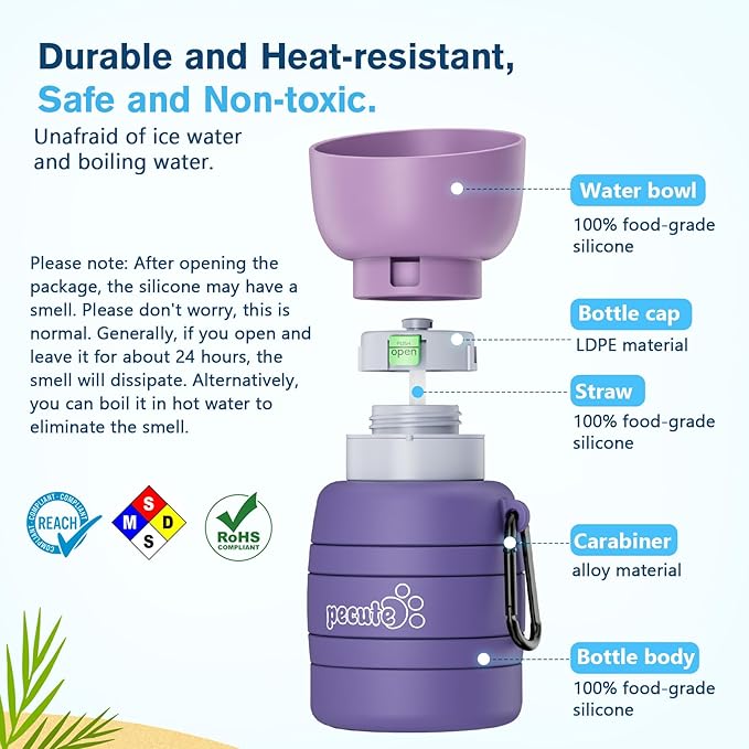 Pecute Dog Water Bottle Portable, 29oz Dog Foldable Water Bottle with Folding Bowl, Carabiner Clip, 5 Levels Capacity, 100% Food Grade Silicone, Dog Water Bottle for Outdoor Walking, Hiking, Travel