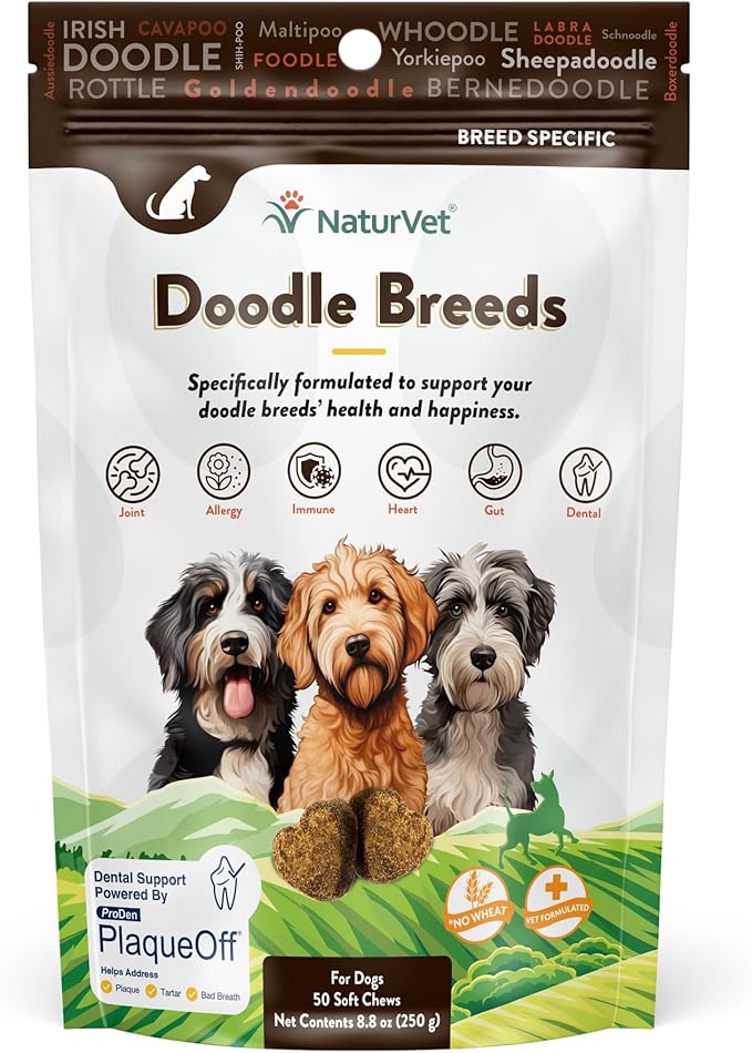 NaturVet Doodle Breeds Supplement- for Joint Support, Digestion, Skin, Coat Care- Dog Multivitamins with Minerals, Omega-3, PlaqueOff- Wheat-Free Vitamins for Dogs- Doodle Breeds- 50 Soft Chews