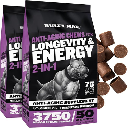 Bully Max 2-in-1 Anti-Aging Multivitamin Chews - Senior Dog Food Supplement for Vitality, Immunity, Joint Support with Postbiotics - Adult Dog Vitamins - 2 Packs, 75 Tasty Soft Chews per Pack