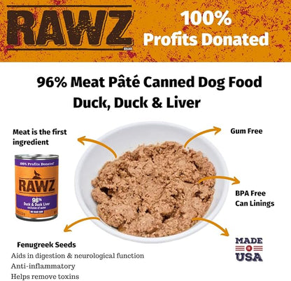Rawz 96% Meat Canned Wet Food for Dogs 12 Pack/ 12.5 oz. Cans (Duck/Duck Liver)