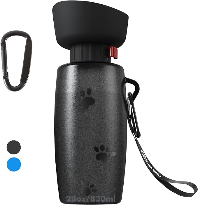 Dog Water Bottle Portable, 28oz Dog Travel Water Bottles, Patented, Leak-proof Pet Water Dispenser for Outdoor Walking, Hiking, Food Grade Silicone, Black