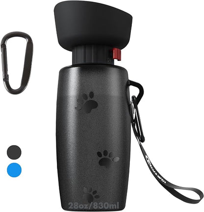 Dog Water Bottle Portable, 28oz Dog Travel Water Bottles, Patented, Leak-proof Pet Water Dispenser for Outdoor Walking, Hiking, Food Grade Silicone, Black