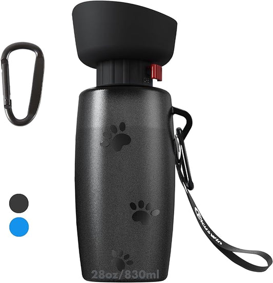 Dog Water Bottle Portable, 28oz Dog Travel Water Bottles, Patented, Leak-proof Pet Water Dispenser for Outdoor Walking, Hiking, Food Grade Silicone, Black