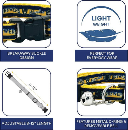 MLB CAT Collar Milwaukee Brewers Satin Cat Collar Baseball Team Collar for Dogs & Cats. A Shiny & Colorful Cat Collar with Ringing Bell Pendant
