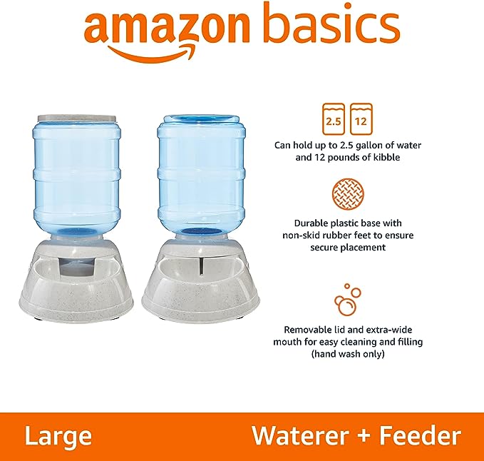 Amazon Basics Automatic Dog Cat Water Dispenser Gravity Feeder and Waterer Set, Large, 12-Pound Food Capacity, 2.5-Gallon, Gray