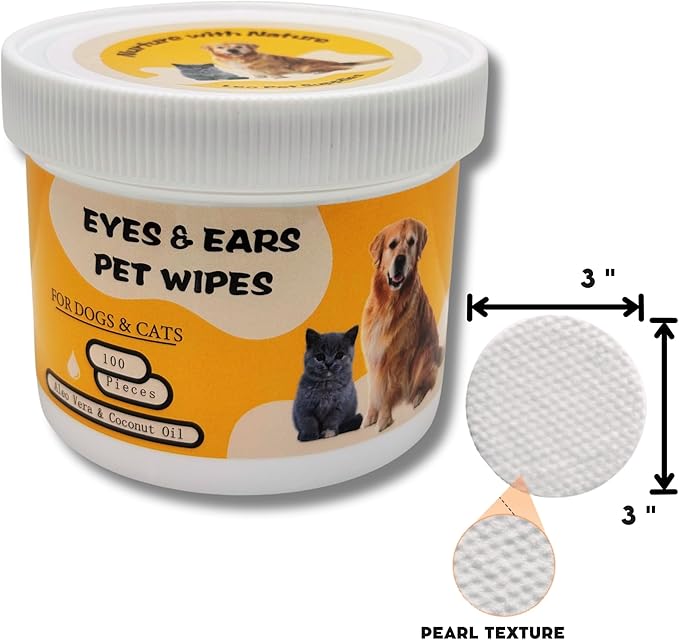 Eyes & Ears Pet Wipes (100count) - Cleanser for Pets with Aloe Essence and Coconut Oil - Specially formulated, Non-irritating, Safe for everyday use and effective for all breeds