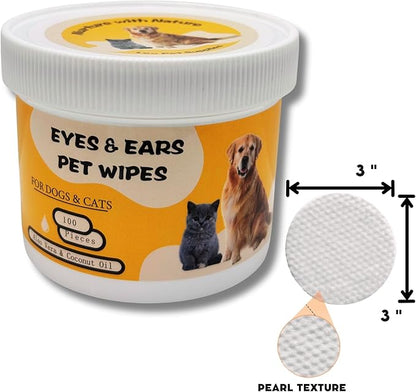 Eyes & Ears Pet Wipes (100count) - Cleanser for Pets with Aloe Essence and Coconut Oil - Specially formulated, Non-irritating, Safe for everyday use and effective for all breeds