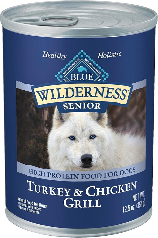 Blue Buffalo Wilderness High Protein, Natural Senior Wet Dog Food, Turkey & Chicken Grill 12.5-oz cans (Pack of 12)