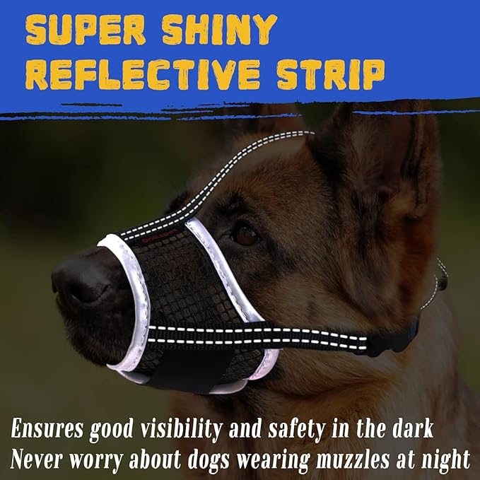 Dog Muzzle, Air Mesh Breathable Muzzle for Medium Large Sized Dogs to Anti & Prevent Biting Barking, Soft Grooming Muzzle for German Shepherd Dog with Reflective & Adjustable Strap(Black-S