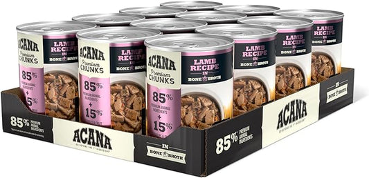 ACANA Premium Chunks Wet Dog Food, Lamb Recipe in Beef Bone Broth and beef liver, 12.8oz (Case of 12)
