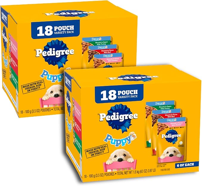 Pedigree Puppy Soft Wet Dog Food 18-Count Variety Pack, 3.5 oz Pouches (Pack of 2)