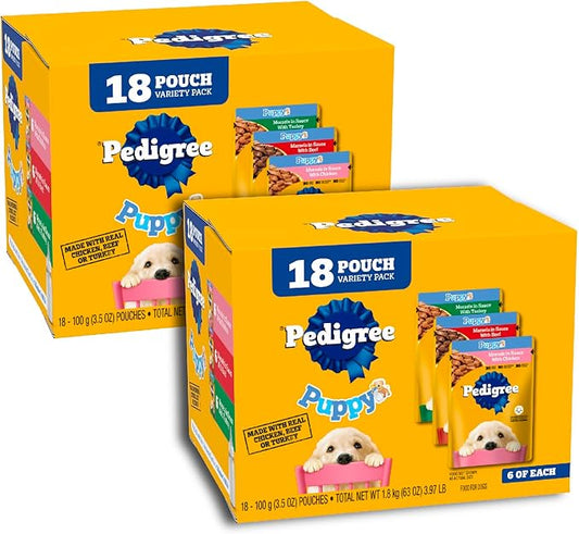 Pedigree Puppy Soft Wet Dog Food 18-Count Variety Pack, 3.5 oz Pouches (Pack of 2)