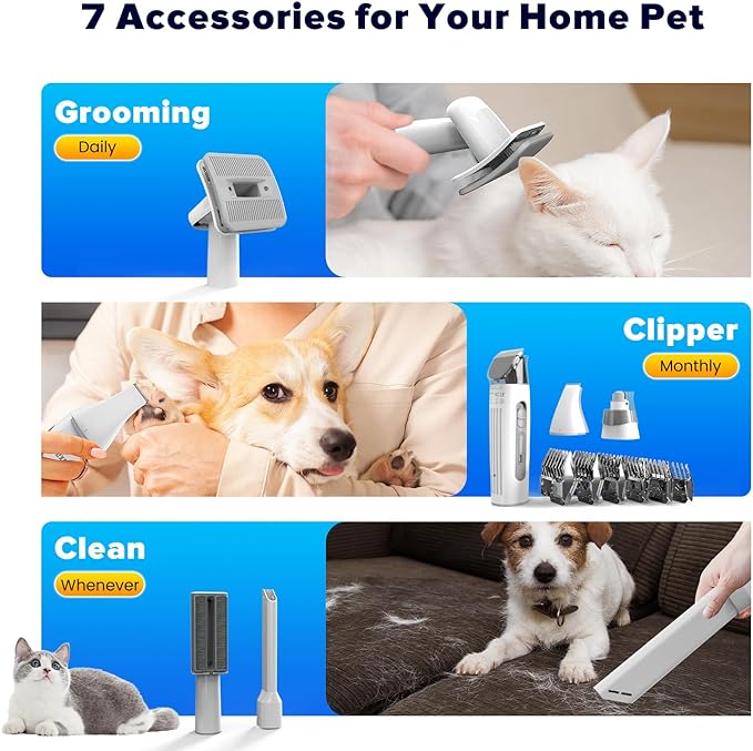 Dog Grooming Kit & Dog Hair Vacuum,15000 Pa Powerful Suction, Pet Grooming Vacuum Removes 99% Pet Hair, includes Clippers, Brush, Nail Trimmer Grinder, Stainless Steel