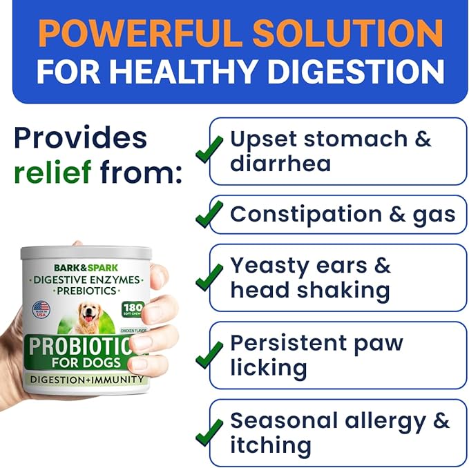 Bark&Spark Dog Probiotics & Digestive Enzymes (Gut Health) Allergy & Itchy Skin - Pet Diarrhea Gas Treatment Upset Stomach Relief, Digestion Health Prebiotic Supplement Tummy Treat (180Ct Chicken)