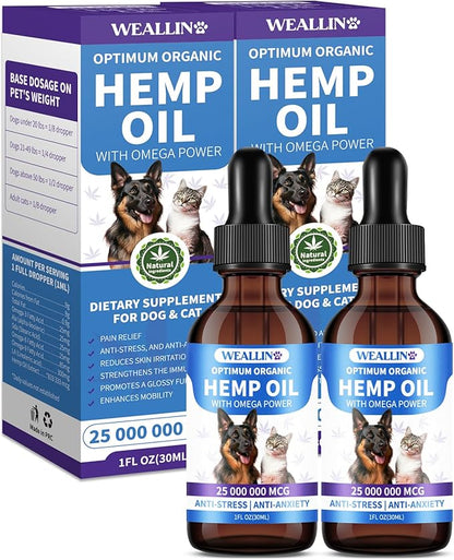 Hemp Oil for Dogs and Cats - Omega-3, 6, 9 Rich Organic Extract - Eases Pet Anxiety, Pain, Skin & Coat Health - Stress Relief, Hip & Joint Support - Calming Treats (2 Pack)