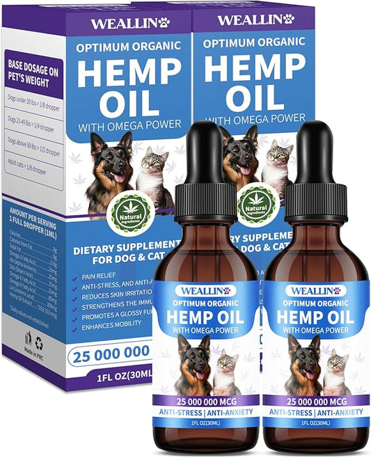 Hemp Oil for Dogs and Cats - Omega-3, 6, 9 Rich Organic Extract - Eases Pet Anxiety, Pain, Skin & Coat Health - Stress Relief, Hip & Joint Support - Calming Treats (2 Pack)