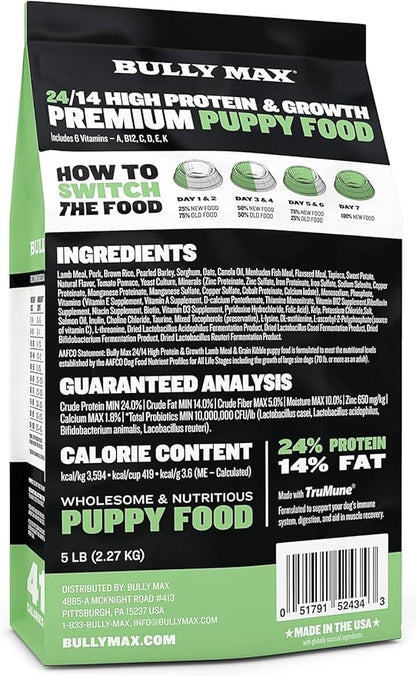 Bully Max Puppy Food 24/14 High Protein & Growth Formula - Dry Dog Food with Lamb & Rice for Small & Large Breed Puppies - Natural, Slow-Cooked, Sensitive Stomach Pet Food - 15lbs (3 bags, 5 lbs each)