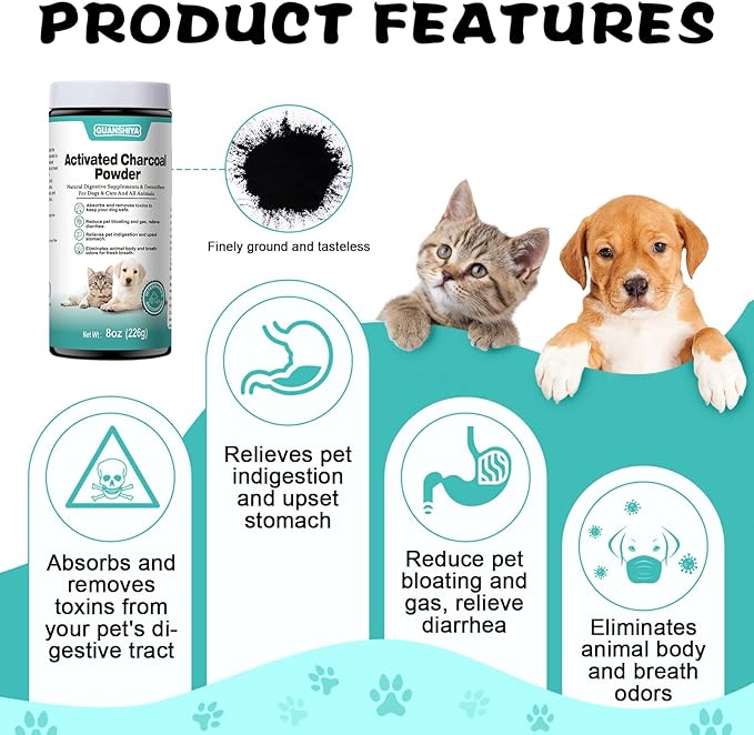 Activated Charcoal for Dogs, Cats, and All Pets, 8oz(Powder), Activated Charcoal Powder for Poisonings, Digestive Upset, and Diarrhea, Eliminates Odors, Non-GMO, Gluten Free