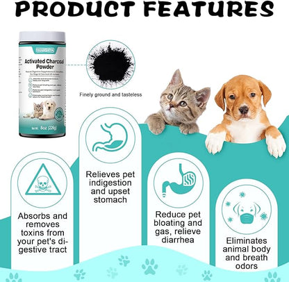 Activated Charcoal for Dogs, Cats, and All Pets, 8oz(Powder), Activated Charcoal Powder for Poisonings, Digestive Upset, and Diarrhea, Eliminates Odors, Non-GMO, Gluten Free