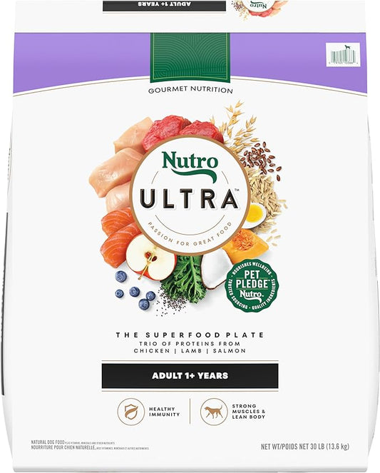 NUTRO ULTRA Adult High Protein Natural Dry Dog Food with a Trio of Proteins from Chicken, Lamb and Salmon, 30 lb. Bag