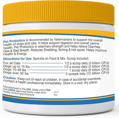 Probiotics for Dogs and Cats - Advanced Max-Strength Digestive Health, Increase & Maintain Proper Gut Flora- All Natural Probiotics Powder - (Made in USA) 7.4 Oz (6 Billion CFU Per Scoop)