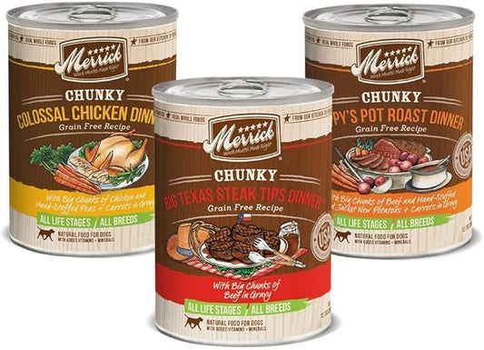 Merrick Chunky Canned Dog Food Variety Pack - 3 Flavors (12 Pack)