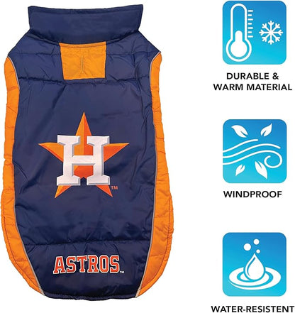 Pets First MLB Houston Astros Puffer Vest for Dogs & Cats, Size Medium. Warm, Cozy, and Waterproof Dog Coat, for Small and Large Dogs/Cats. Best MLB Licensed PET Warming Sports Jacket (AST-4081-MD)