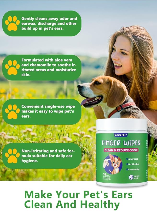𝐆𝐉𝐘𝐂 𝐏𝐄𝐓 Ear Finger Wipes for Dogs & Cats - Natural Ingredients Gently Remove Ear Wax, Debris - Soothes & Deodorizes - Relieve Ear Itching & Inflammation with Aloe, 55 Count