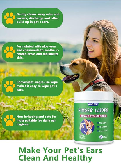 𝐆𝐉𝐘𝐂 𝐏𝐄𝐓 Ear Finger Wipes for Dogs & Cats - Natural Ingredients Gently Remove Ear Wax, Debris - Soothes & Deodorizes - Relieve Ear Itching & Inflammation with Aloe, 55 Count