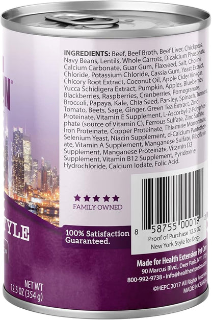 Health Extension Dog Food, New York Style Beef Recipe - 12.5 oz, Grain Free, Added Vitamins and Minerals, for All Life Stages, Vet Formulated, Improve Gut Health, Immune Support (Case of 12 Cans)