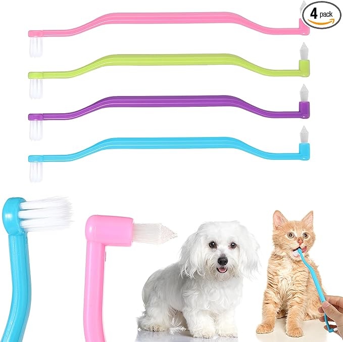 4 Pack Dual Sided Cat Dog Toothbrush, Kitten Puppy Toothbrush Pet Teeth Cleaning Brush with Micro Brush Head Anti Slip Curved Handle Eliminates Bad Breath Reduces Plaque Tartar Formation