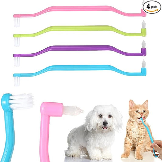 4 Pack Dual Sided Cat Dog Toothbrush, Kitten Puppy Toothbrush Pet Teeth Cleaning Brush with Micro Brush Head Anti Slip Curved Handle Eliminates Bad Breath Reduces Plaque Tartar Formation