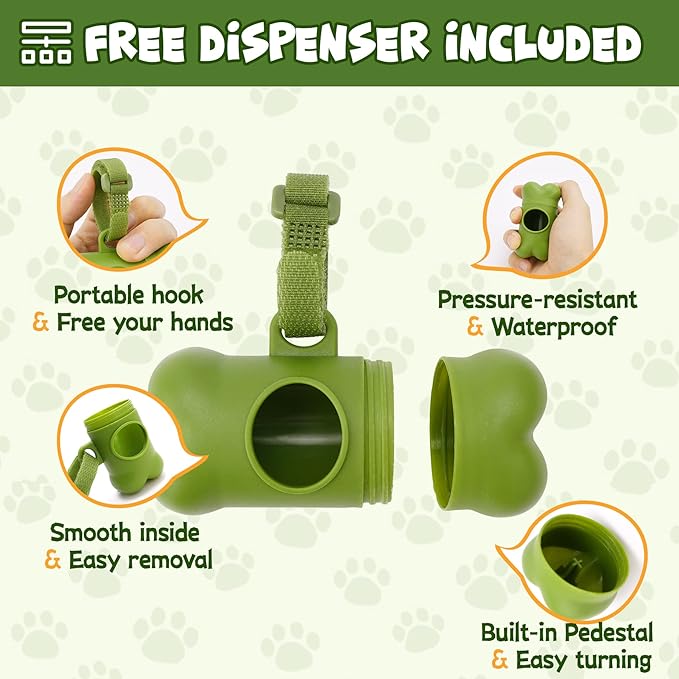 KIPRITII Strong-Endurance Dog Poop Bag Set with Dispenser & Leash Clip, Thick Waste Poop Bags for Puppy/Small/Medium/Large Dog & Cat