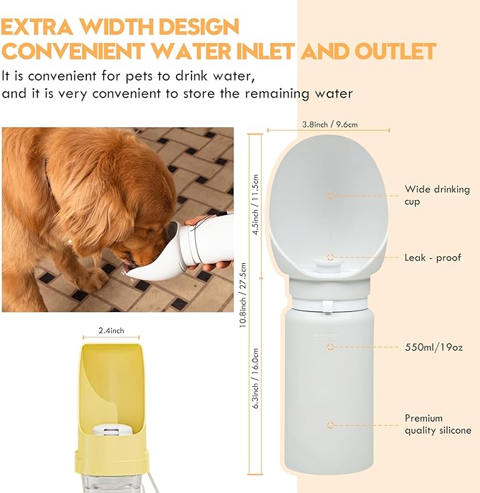 Silicone Dog Water Bottle, Dog Travel Water Bottle Foldable Extra Wide Cup, Lightweight Portable Dog Water Bottle with 2 Metal Pet Tag,Easy to Clean Also for Dog, Cat and Other Pets.