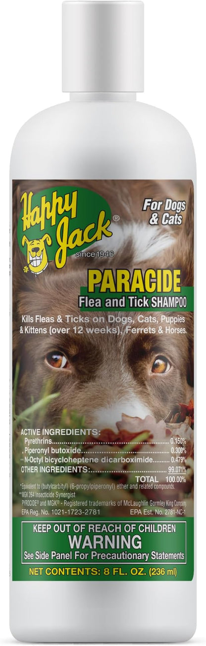 Happy Jack Paracide Flea & Tick Shampoo for Dogs, Dog Flea and Tick Treatment, Flea and Tick Prevention for Cats, 8 oz
