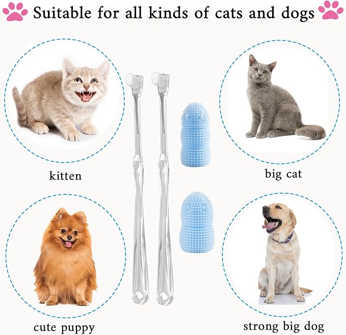 4 Pack Kit Dog Dental Cleaning Brushes,2 Pack Extra Soft Dog and Cat Dental Cleaning Brushes with Storage Box and 2 Pack Dog Finger Toothbrush for Dog Dental Care, Easily Clean Teeth(Transparent,Blue）