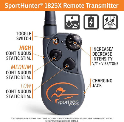 SportDOG Brand SportHunter 1825X Remote Trainer - Shock Collar with 1 Mile Range - Rechargeable Dog Training Collar with Static, Vibrate, and Tone - SD-1825X