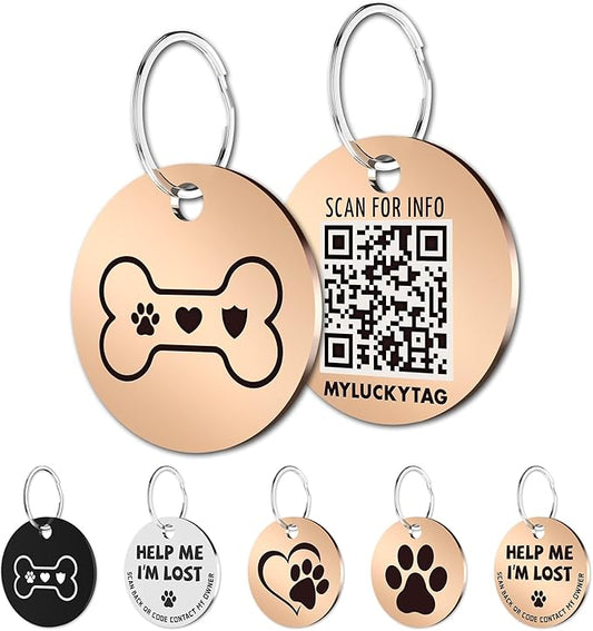 MYLUCKYTAG Stainless Steel QR Code Pet ID Tags Dog Tags - Pet Online Profile - Scan QR Receive Instant Pet Location Alert Email