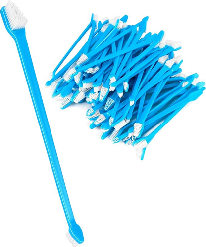 QWORK Double-Headed Pet Toothbrushes for Dogs and Cats, 8.66" Length, Soft Nylon Bristles, Blue, Dental Care Cleaning Kit for Pets, 200 Pcs