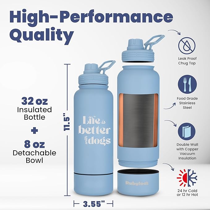 Dog Water Bottle for Dog Lovers - 32 oz Stainless Steel Double Wall Insulated Water Bottle with 8 oz Attached Dog Bowl - Best Dog Mom Gifts for Women - “Life is Better with Dogs” - Dusty Blue