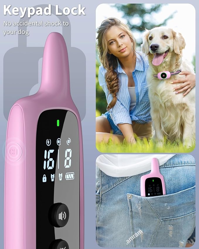 Dog Shock Collar for 2 Dogs, Dog Training Collar with Remote for Large Medium Small Dogs, Rechargeable E-Collar Waterproof Collars with 3 Training Modes, Range up to 3300Ft-Pink
