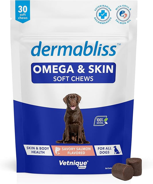 Vetnique Dermabliss Omega & Skin Health Fish Oil for Dogs Soft Chews Healthy Skin & Coat for Dogs with Biotin & DHA - Hickory Salmon Dog Treats (30ct Chews)